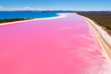 landscape of the Hiller Lake , Pink Lake , in Australia ,A pink lake surrounded by a blue ocean, with a road leading to the shore