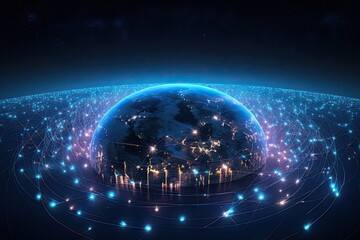 Fototapeta premium Digital data network connection on Earth. Global communication and technology concept. Generative AI
