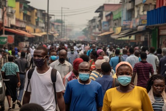 Crowd of African people walking street wearing masks