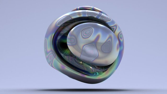 3d render of abstract art video animation with flying surreal alien sphere or ball in curve wavy round forms in deformation and transformation process in liquid aluminium metal with glossy glass parts