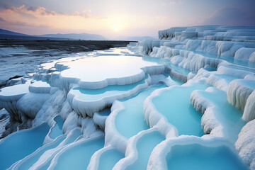 A landscape of ice and water with mountains in the background , Pamukkale , Turkey