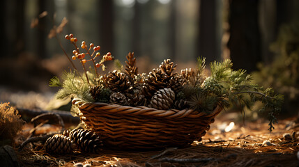 autumn still life with pine cones in forest - Powered by Adobe