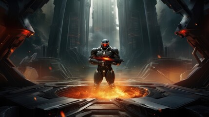 Fototapeta premium An army soldier on the sci fi room with fire flame Generative AI