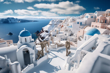 A city with white buildings and blue domes on a hill overlooking the ocean, Oia , Santorini, Greece