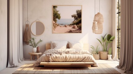 A minimalist frame mockup in a beautiful boho bedroom.Generative AI