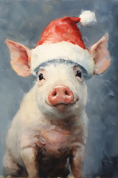 Christmas Pig Wall Art Oil Painting