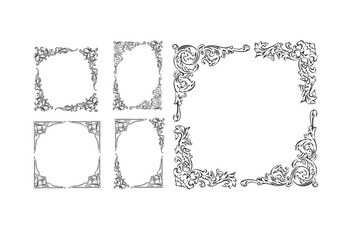 Hand drawn vector abstract outline,graphic,line art vintage baroque ornament floral frames set in minimalistic modern style.Baroque floral vintage outline design concept.Vector antique frame isolated.