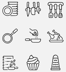 Cooking Foods and Kitchen outline icons set Vector illustration