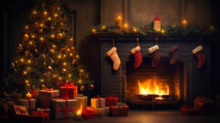 Christmas Magic: Glowing Tree and Fireplace in Dark Interior. Festive Holiday Decoration for the Cozy Christmas Evening at Home
