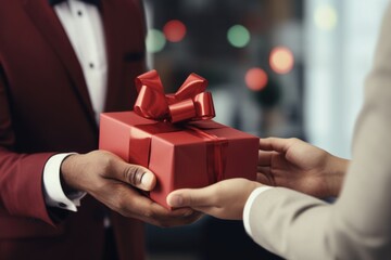 Close-Up of Hands: Corporate Gifts for Business Celebrations. Unrecognizable Woman Giving a Red Gift Box Tied with a Bow to a Man. Office Gifting for Christmas, New Year, and Birthdays.