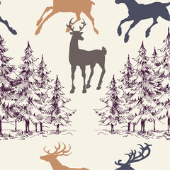 Pine trees forest and deers seamless pattern, Christmas design