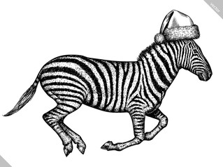 Vintage engraving isolated zebra horse set dressed christmas illustration ink santa costume sketch. Wild equine background nag mustang animal silhouette new year hat art. Black and white vector image