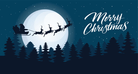 Santa Claus and reindeer flying on sky night full moon. Merry Christmas banner. Holiday background. Vector stock © Jessica
