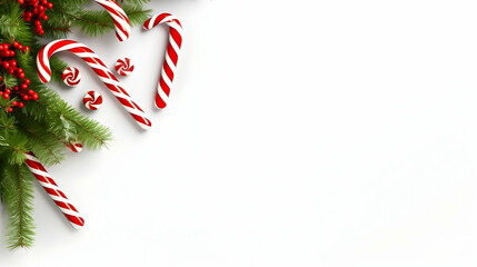 Christmas background with candy canes and tree on white. Copy space.