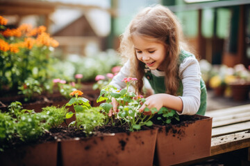 Cute happy little girl plants flowers in a greenhouse.