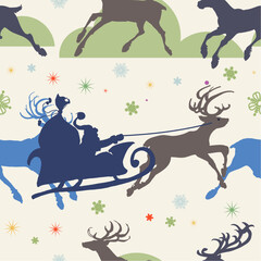 Christmas seasonal pattern Santa Claus sleigh and reindeers