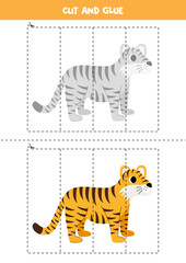 Cut and glue game for kids. Cute cartoon tiger.