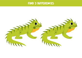 Find 3 differences between two cute cartoon iguanas.