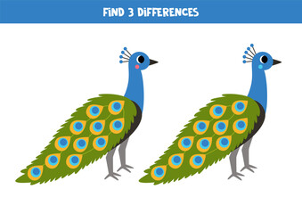Find 3 differences between two cute cartoon peafowls.