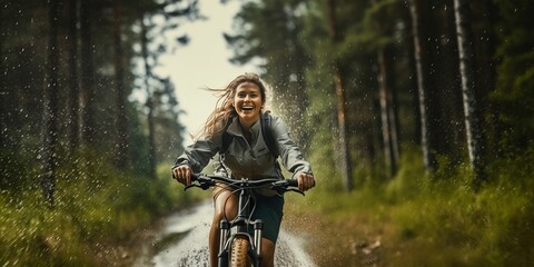 Woman riding a bike next to a pine forest enjoying a warm summer rain and sun , concept of Nature
