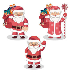 Set of cartoon Santa Claus on white background. Christmas vector illustration.