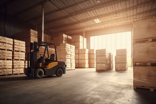 Forklift near stacked pallets of boxes in warehouse. Generative AI