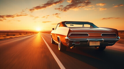 Classic retro vintage American car driving on highway at sunset - obrazy, fototapety, plakaty