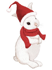 兎のサンタクロース　赤いマフラーとナイトキャップですっかりサンタさんになりきった白ウサギのイラスト　手描き　水彩画　