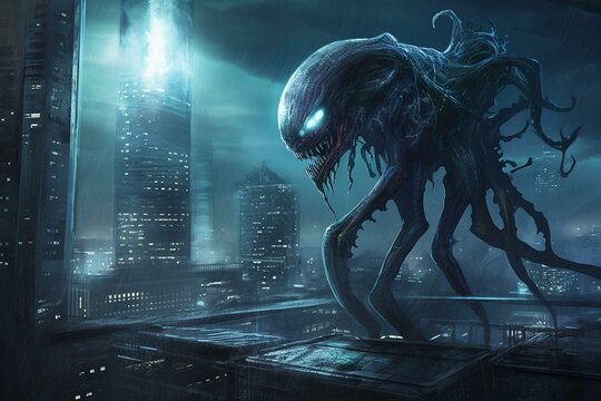 Digital illustration painting design style big monster invading big city  Stock Photo - Alamy