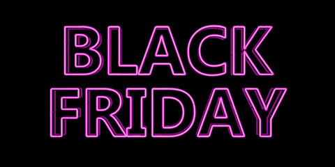 Black Friday neon sign on black wall. Christmas Sale. Pink purple letters text.