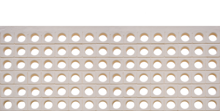 Modern Loft beige ventilation block fence wall with circle pattern in panoramic view isolated on transparent background, png file