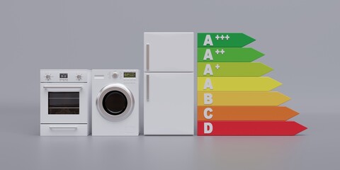 Energy Efficiency and Home Appliance. Appliance, energy rating chart on grey background. 3d render