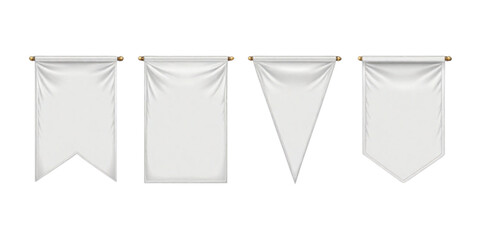Set of White Pennant Flags Mock-Up: Blank Vertical Banners on Flagpoles. Isolated Medieval Heraldic Empty Ensign Templates. Vector Illustration - obrazy, fototapety, plakaty