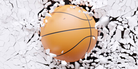 Basketball orange color ball breaks with great force a white wall background texture. 3d render