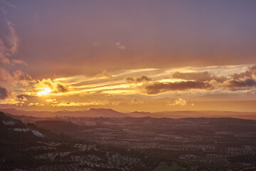 Panoramic views of the sunset over La Alcarria from Trijueque. Guadalajara. Castilla la Mancha. Spain 