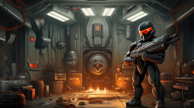 Scifi room with an army soldier on the sci fi room with fire flame Generative AI