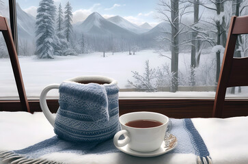 Cozy warm winter composition with cup of hot coffee,chocolate, tea, cozy blanket and snowy...