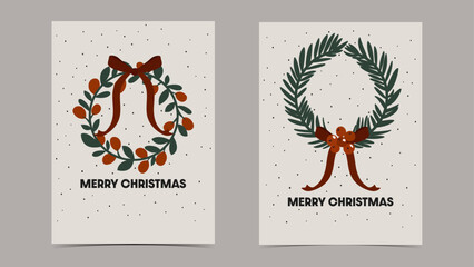 Set of minimalistic Christmas cards with wreath decoration in red and green colors	