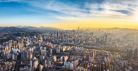 Obraz premium Aerial view of Shenzhen city financial district skyline panorama at sunset