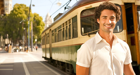 Hombre Joven de mediana edad en camisa de fondo un tranvia o tren