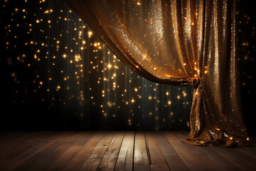 Celebrate event on stage with curtain and gold sparkles, happy new year - obrazy, fototapety, plakaty