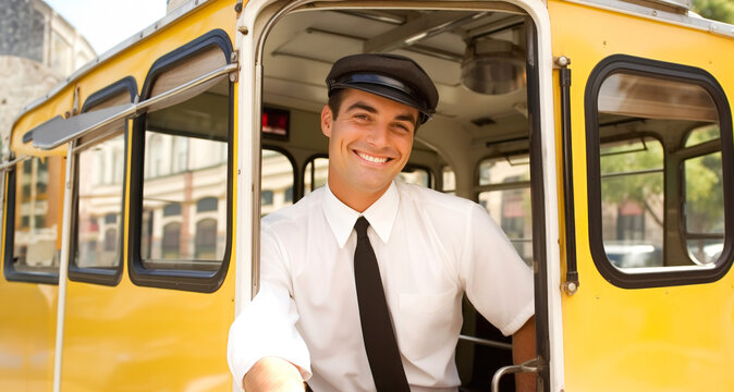 Joven hombre conductor de tren en camisa blanca, corbata negra y boina estilo a&ntilde;os 90