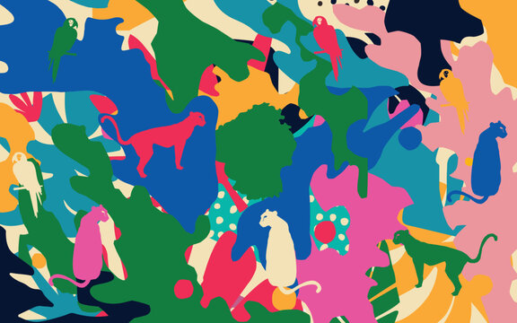 Trendy and modern wildlife pattern with leopards and parrots