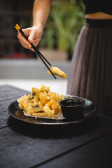 Japanese food, Asian food, Chinese street food, battered shrimp.