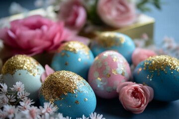 Fototapeta na wymiar Pink flowers, blue eggs, blue surface, gold glitter, pink flowers, eggs, pink flowers. Generative AI