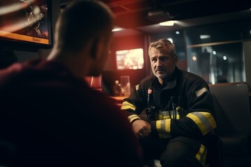Fototapeta na wymiar Firefighter sitting and listening boss who is talking about instruction how they gonna extinguish the fire
