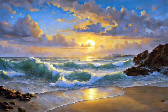beautiful oil landscape painting of waves crashing on a rocky beach near sunset
