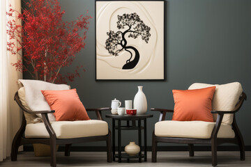 Elegant living space featuring wooden lounge chairs, red botanical accents, and a striking tree silhouette artwork.