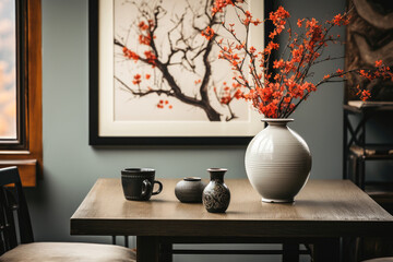 Elegant dining table setup with a vibrant floral arrangement, framed artwork, and stylish ceramic decor.
