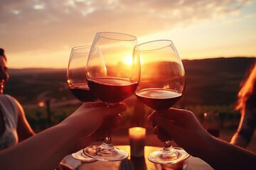 Friends toasting red wine glass at evening against sunset outdoor